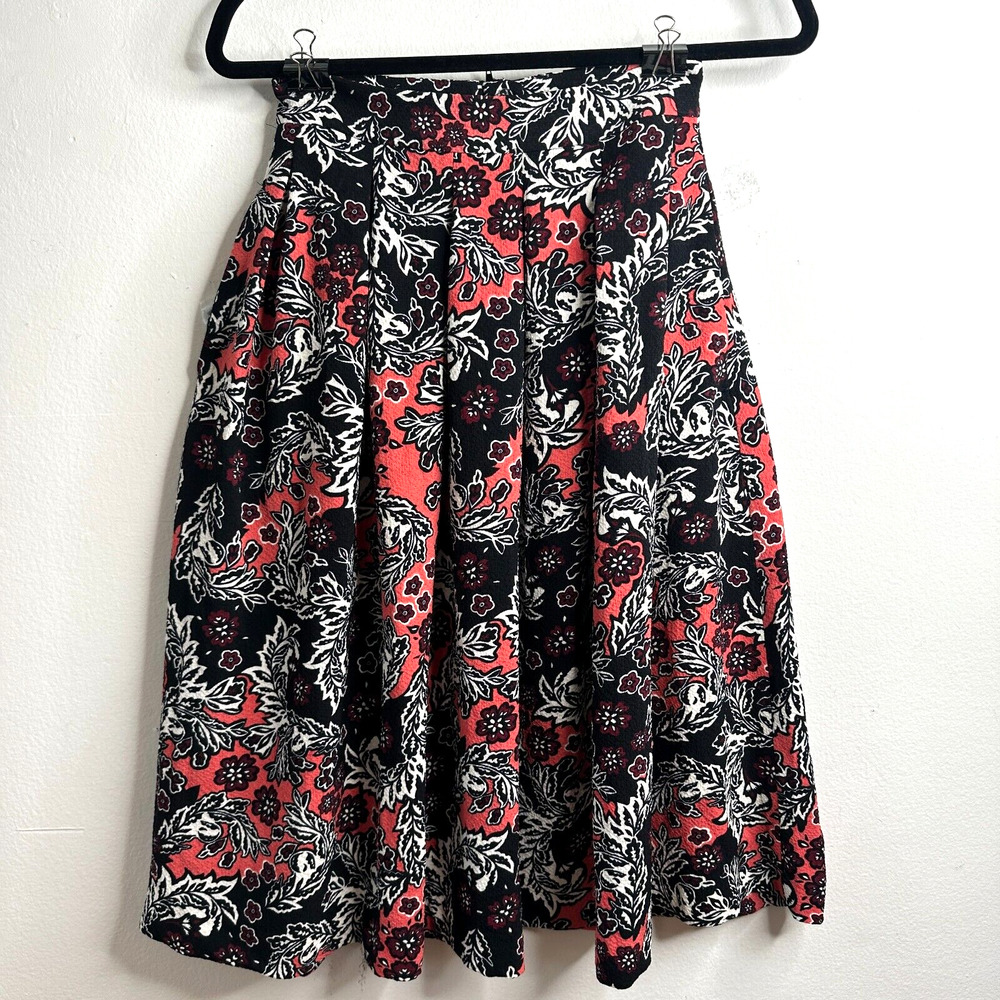 NWT H&M Flare Floral Print Peach Black & White Pleated Midi-Skirt Pockets 2